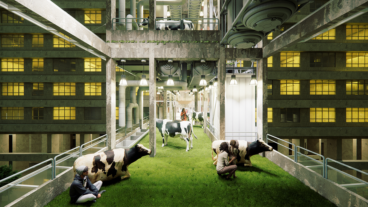 Digital rendering of cows grazing on grass in a vertical urban farm with concrete walls, pipes, fluorescent lights and human figures.