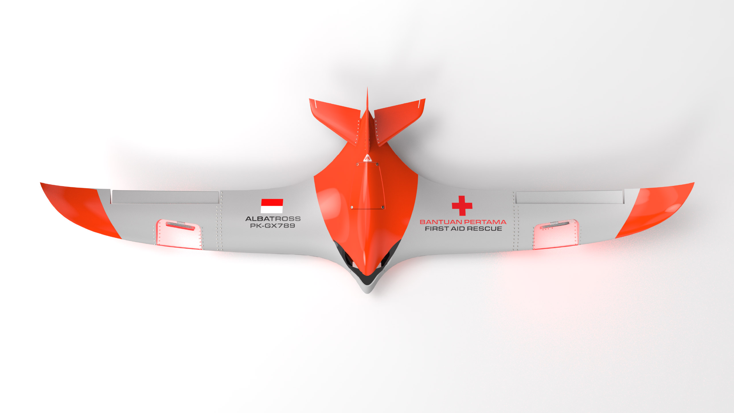 Top view of red-and-white bird-shaped rescue drone with curved wings, marked with Indonesian flag, first aid labels and ID code.