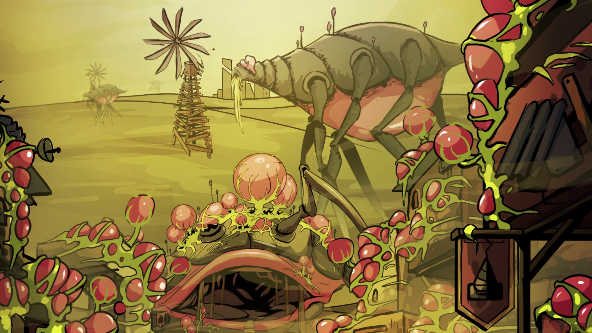 Surreal animated scene with a large insect creature, red alien plants, and a wooden windmill structure beneath a green-yellow sky.