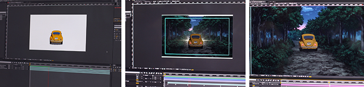 A demonstration of compositing, the act of combining separate visual elements into a single frame, at TMS Studio.