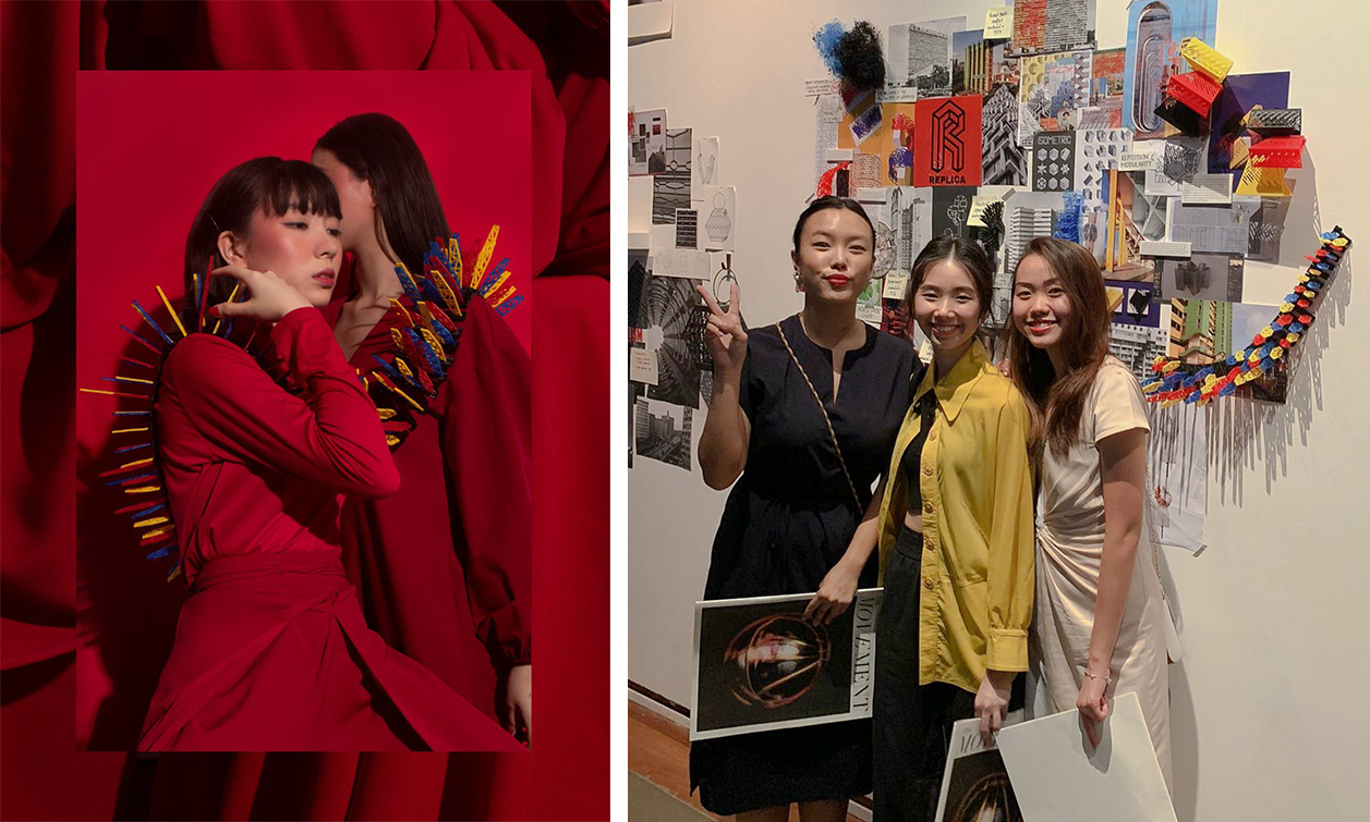 (Right) Work from Minimalism/Maximalism, a collaborative project between LASALLE's School of Fashion, The Museum at the Fashion Institute of Technology (MFIT) and the Fashion Institute of Technology, New York. (Left) Felicia and her classmates at the exhibition opening of Minimalism/Maximalism.