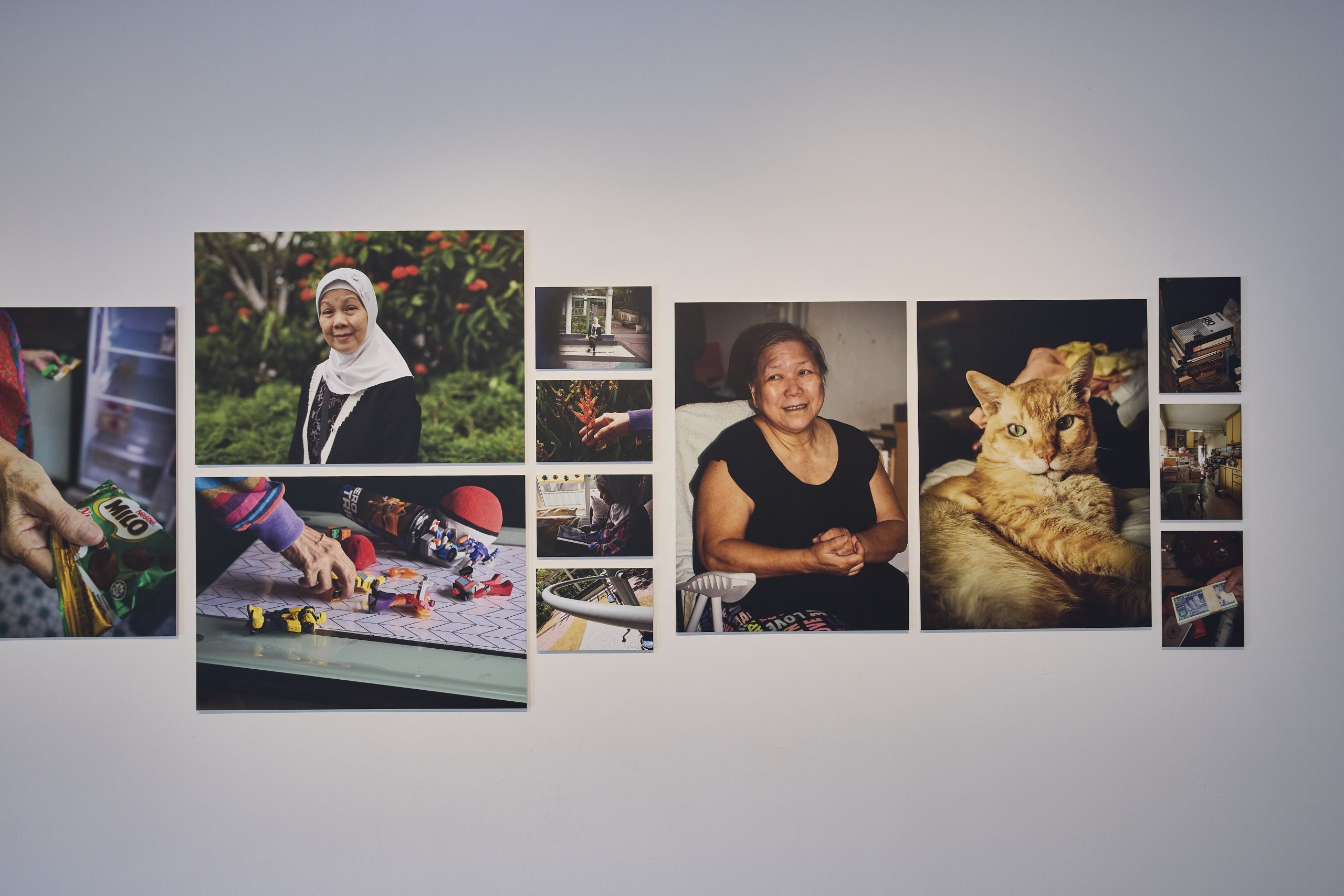 Gallery wall displaying a photo collage of portraits, a ginger cat, hands with toys, and household objects arranged in a grid layout.