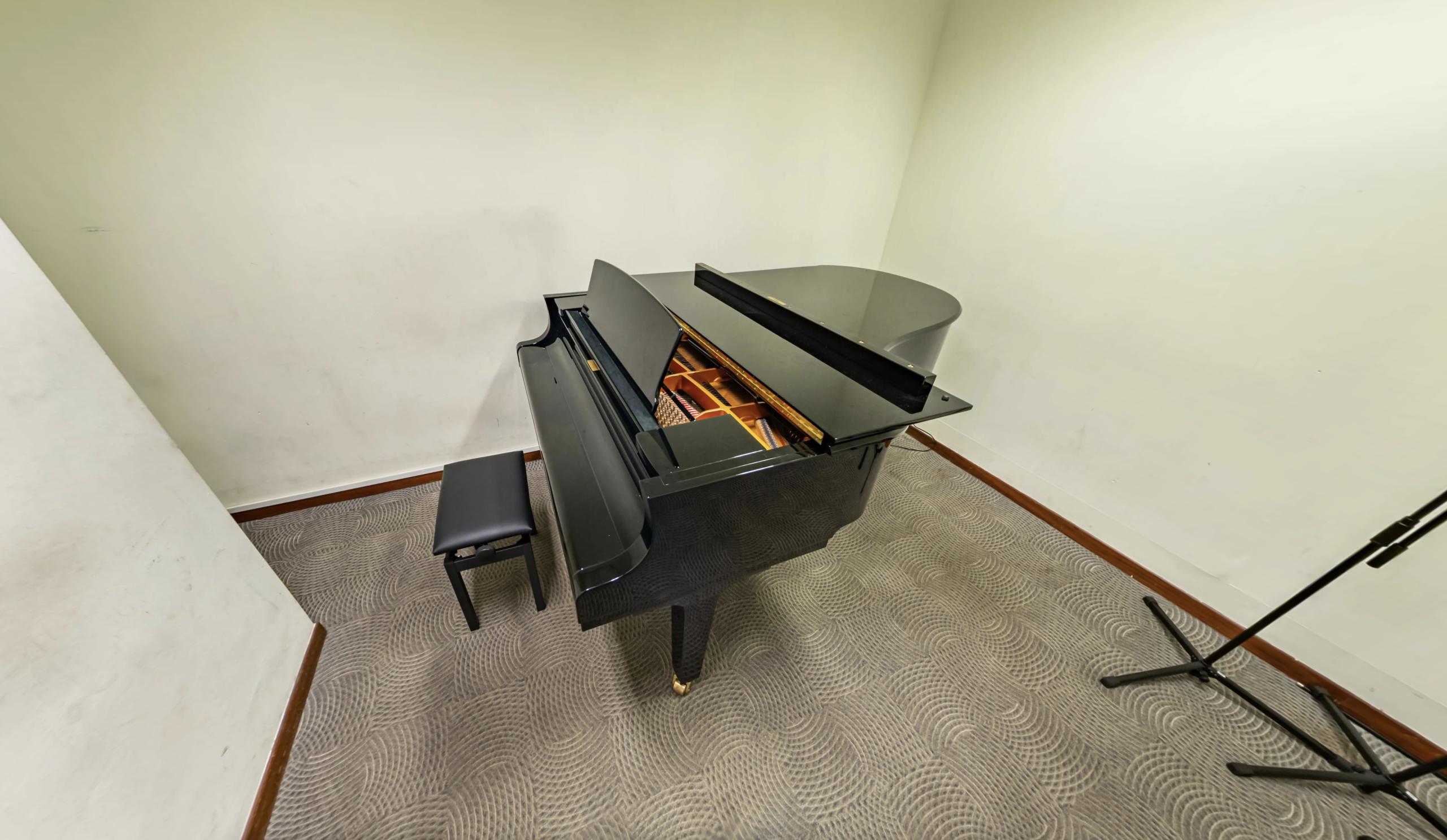 Small acoustically treated room with a black baby grand piano, stool and standing microphone stand.