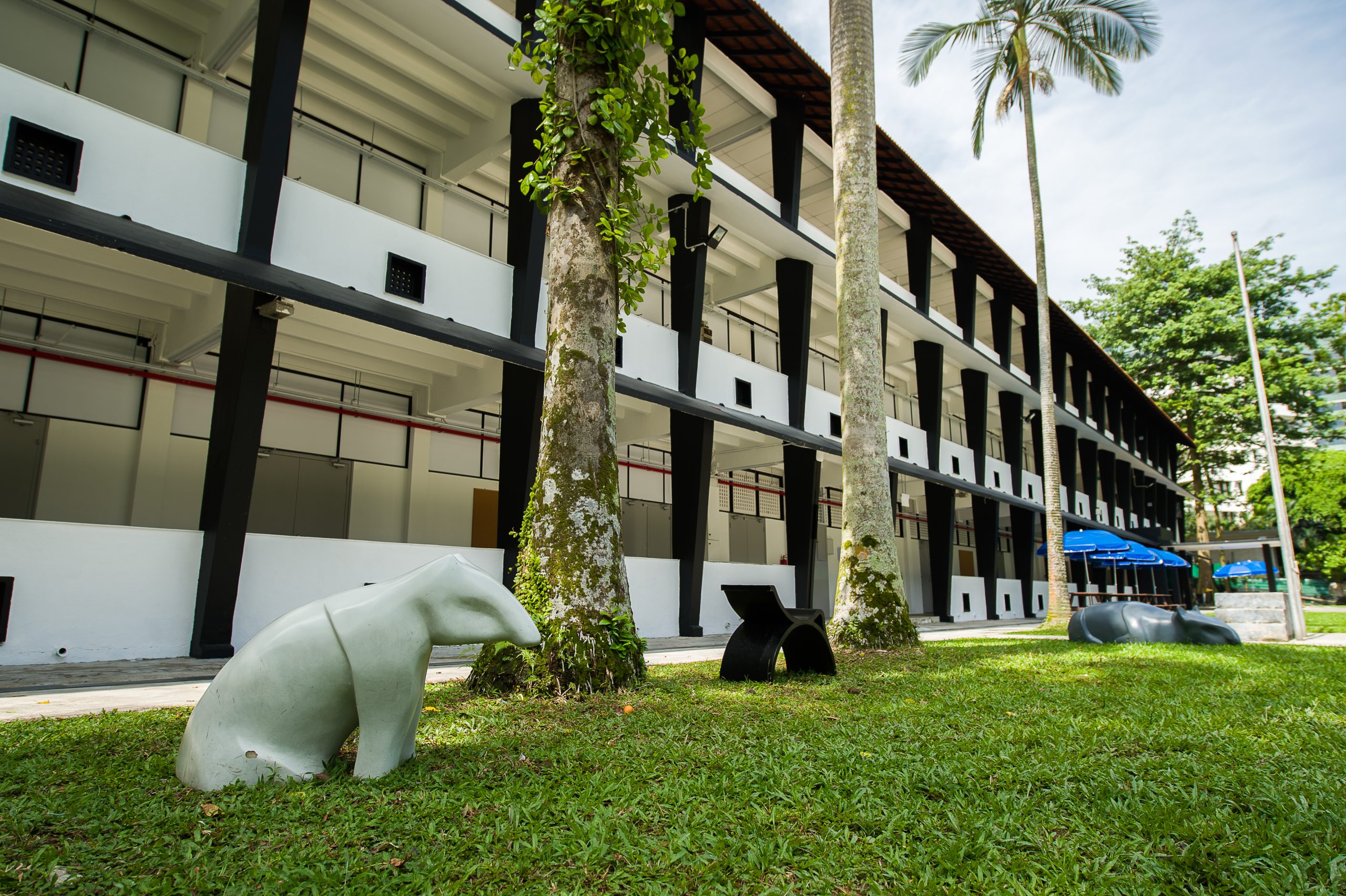 Lawn outside LASALLE’s heritage building featuring modern sculptures among palm trees and black-and-white facade